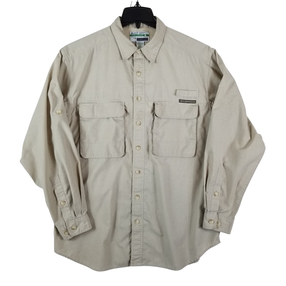 ExOfficio Buzz Off Shirt Mens Medium Khaki Insect Shield Long Sleeve Hiking